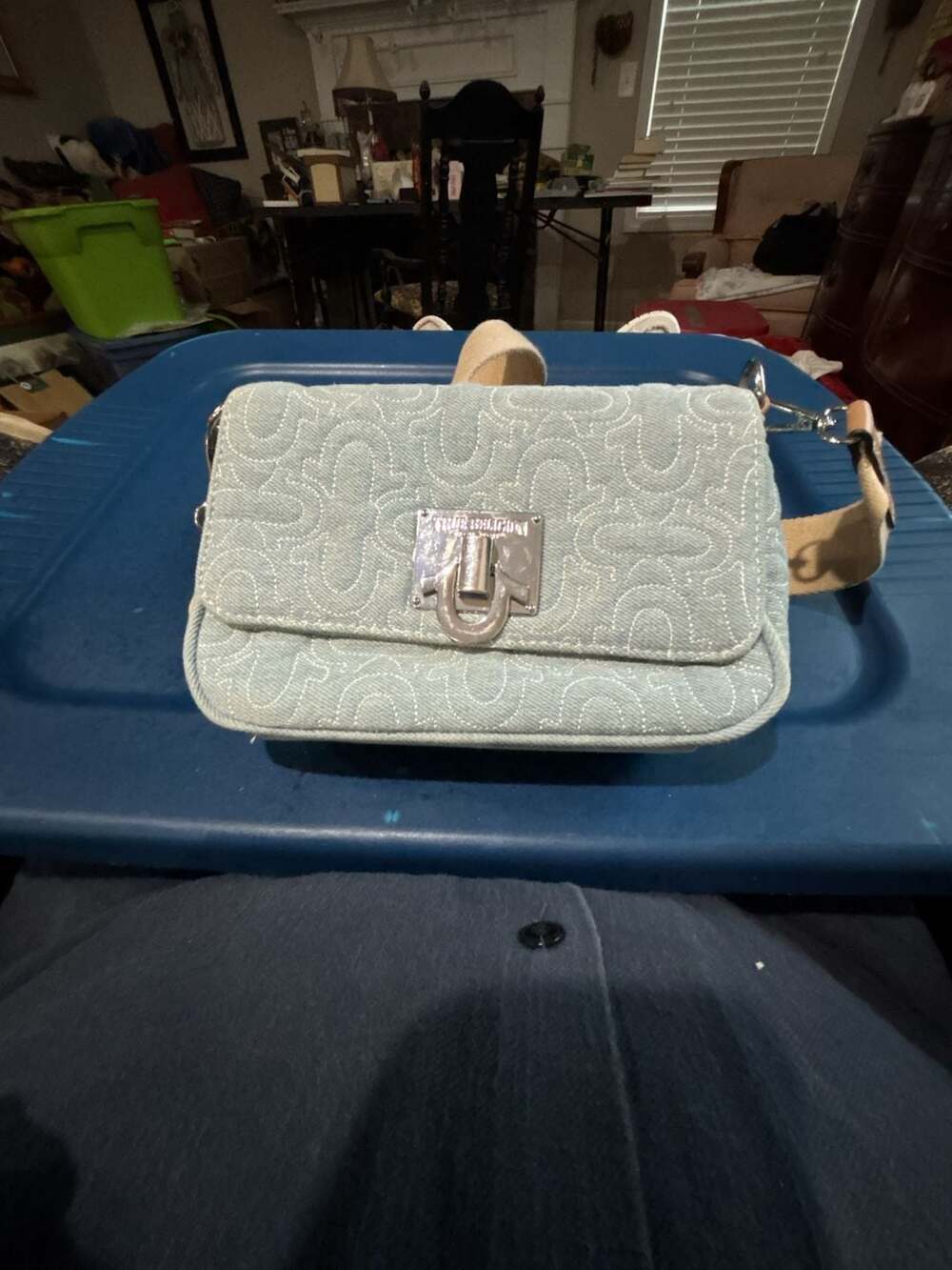 True Religion Quilted Denim Horseshoe Flap Crossbody Bag Light Blue